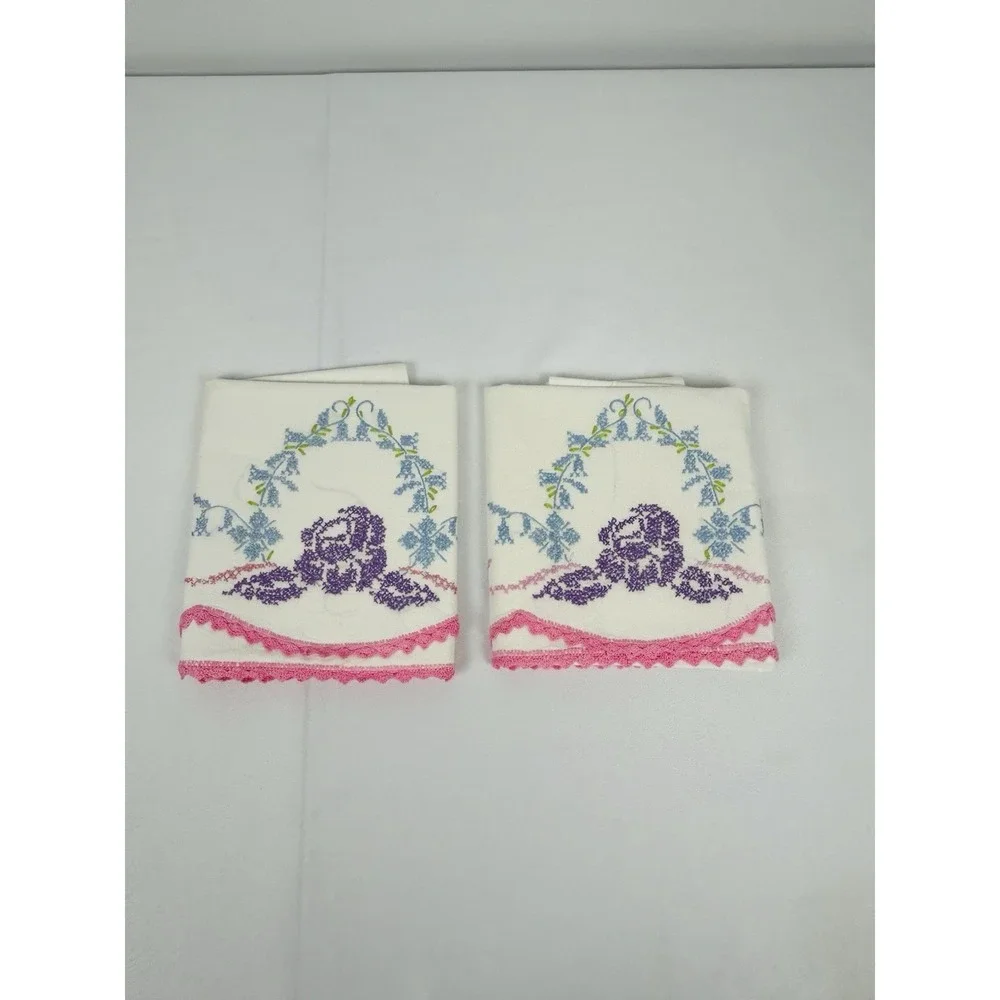 Vintage Cross Stitched Pillowcases White w/Pink Purple Blue Floral 30 x 20